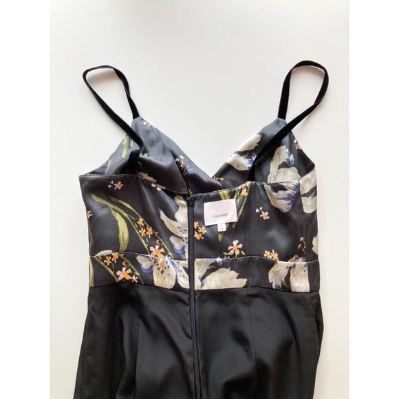 CINQ A SEPT Leena Floral Silk Charmeuse Ruffle Velvet Midi Sheath Dress, Size 2 - Picture 13 of 16